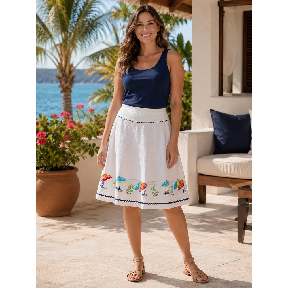 Liz Claiborne Cotton Flare Skirt Womens 8 White Vacation‎ Beachy Resort Cruise